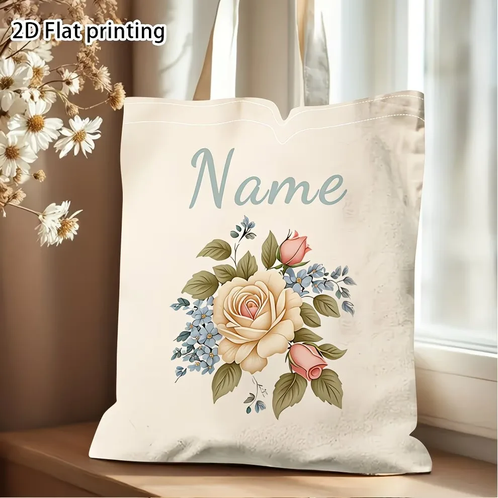 Custom Personalized Shopping Bag, Custom Floral Tote Bag Personalized Name Vintage Rose Shoulder Bag with Large Capacity Ideal