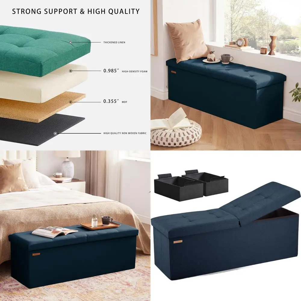 

Navy Blue Ottoman Storage Bench with Flip Lid, 43.3 Folding Footrest for Entryway, Living & Bedroom