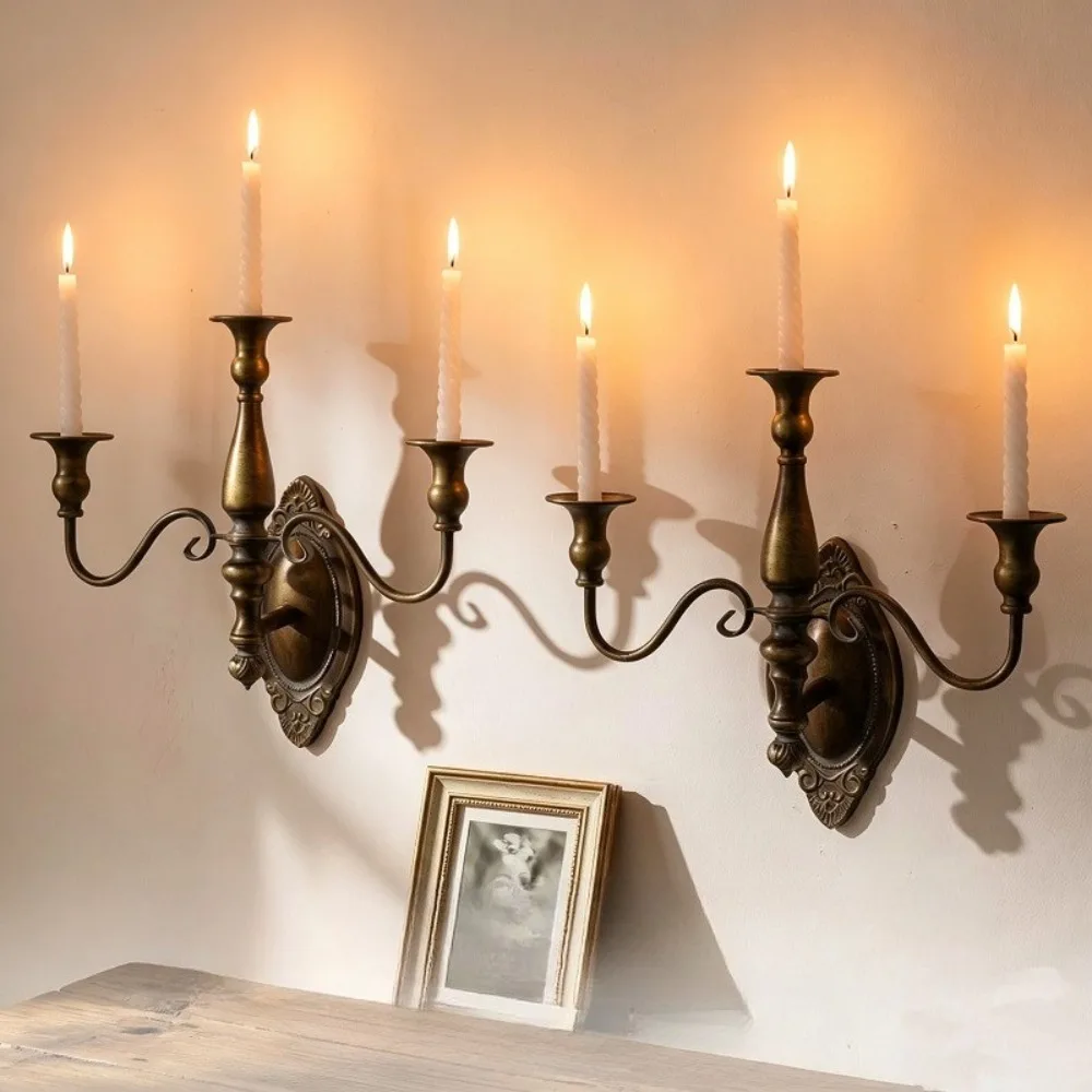 Vintage Metal Wall Candle Holder Antique Brass Wall Mounted Candelabra for Living Room Wedding Home Ornament