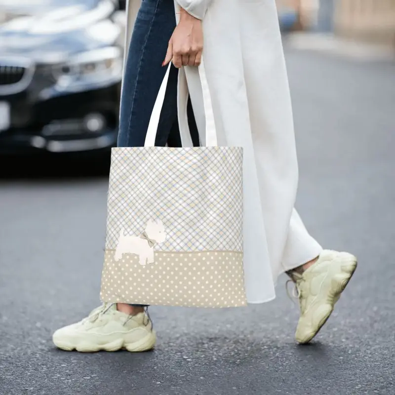 Westie Tartan And Polka Dots Groceries Shopping Tote Bag West Highland White Terrier Dog Canvas Shopper Shoulder Bags Handbags