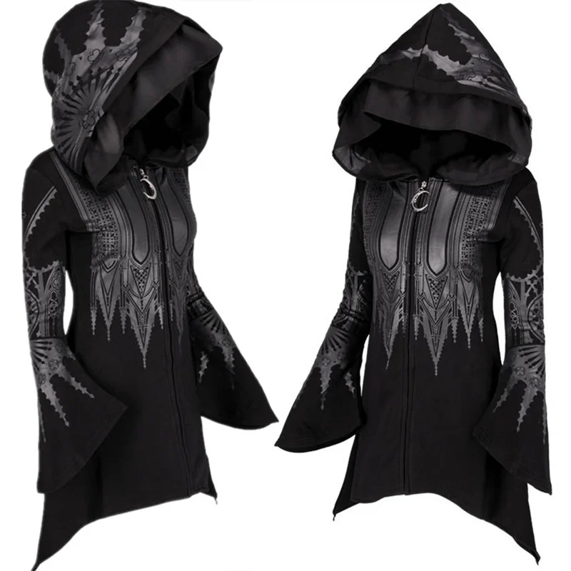 Gothic Coats for Women Dark Black Hoodie Vintage Autumn Winter 2022 Women\'s Punk Style Black Long Hooded Printed Hoodie Female