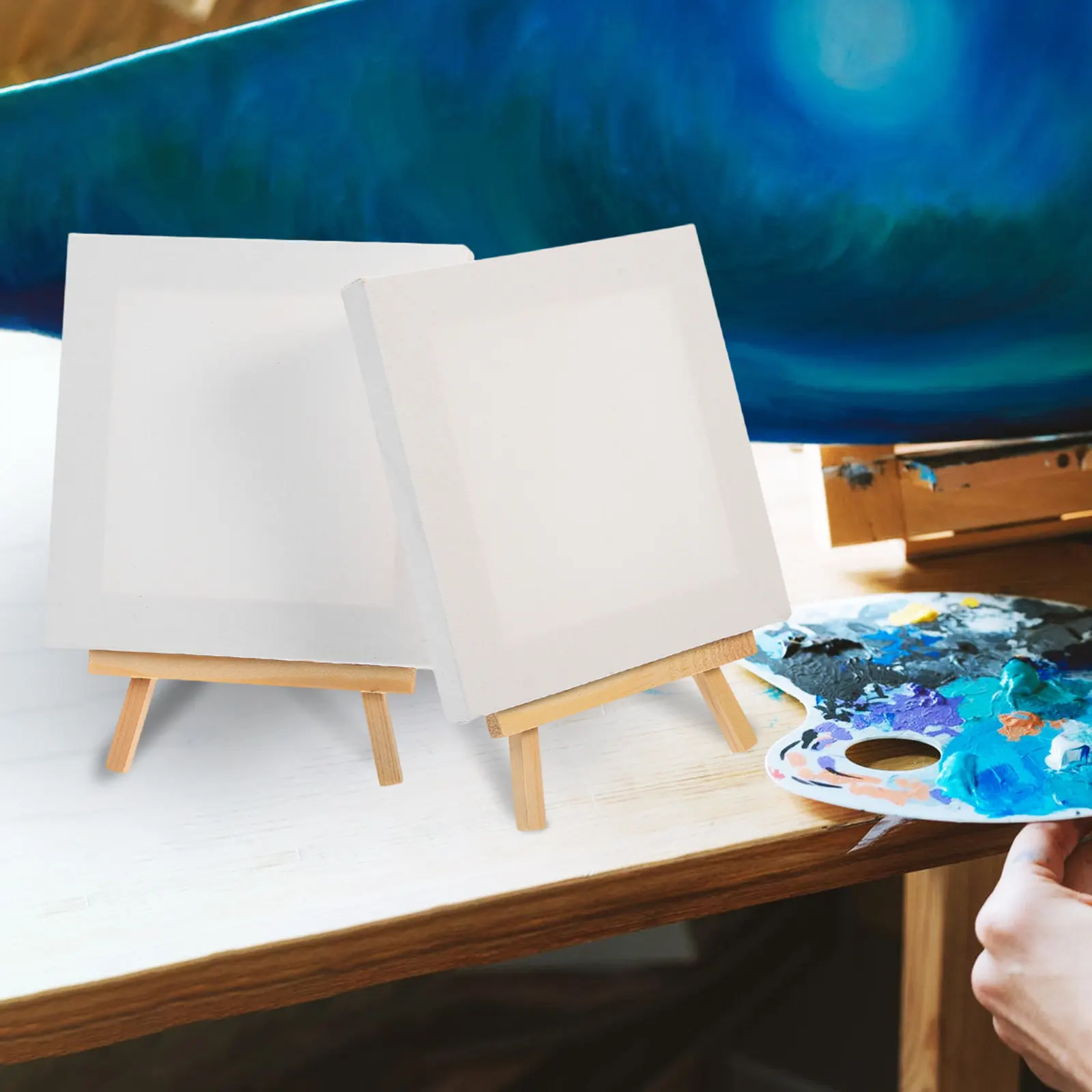 5Sets Mini Picture Display Stands Mini Canvas and Easel Combo for Art Drawing DIY Crafts Small Wooden Easel for Home Office
