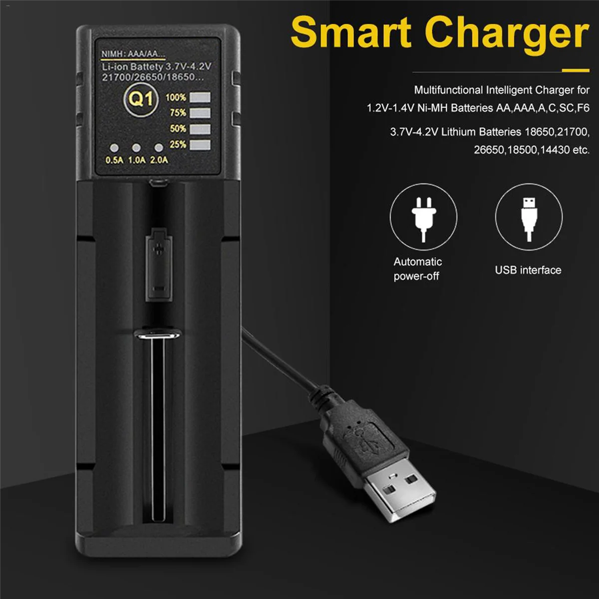 3X 18650 Battery Charger 26650 Usb Smart Nickel Hydrogen Aa Aaa 21700 Single Slot Lithium Battery Charger