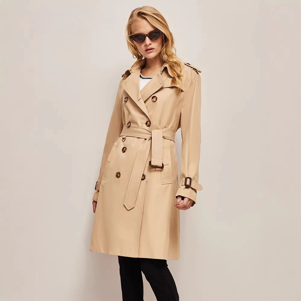 

Women Autumn Medium Long Classic Double-breasted Waist Thin Trench Coat