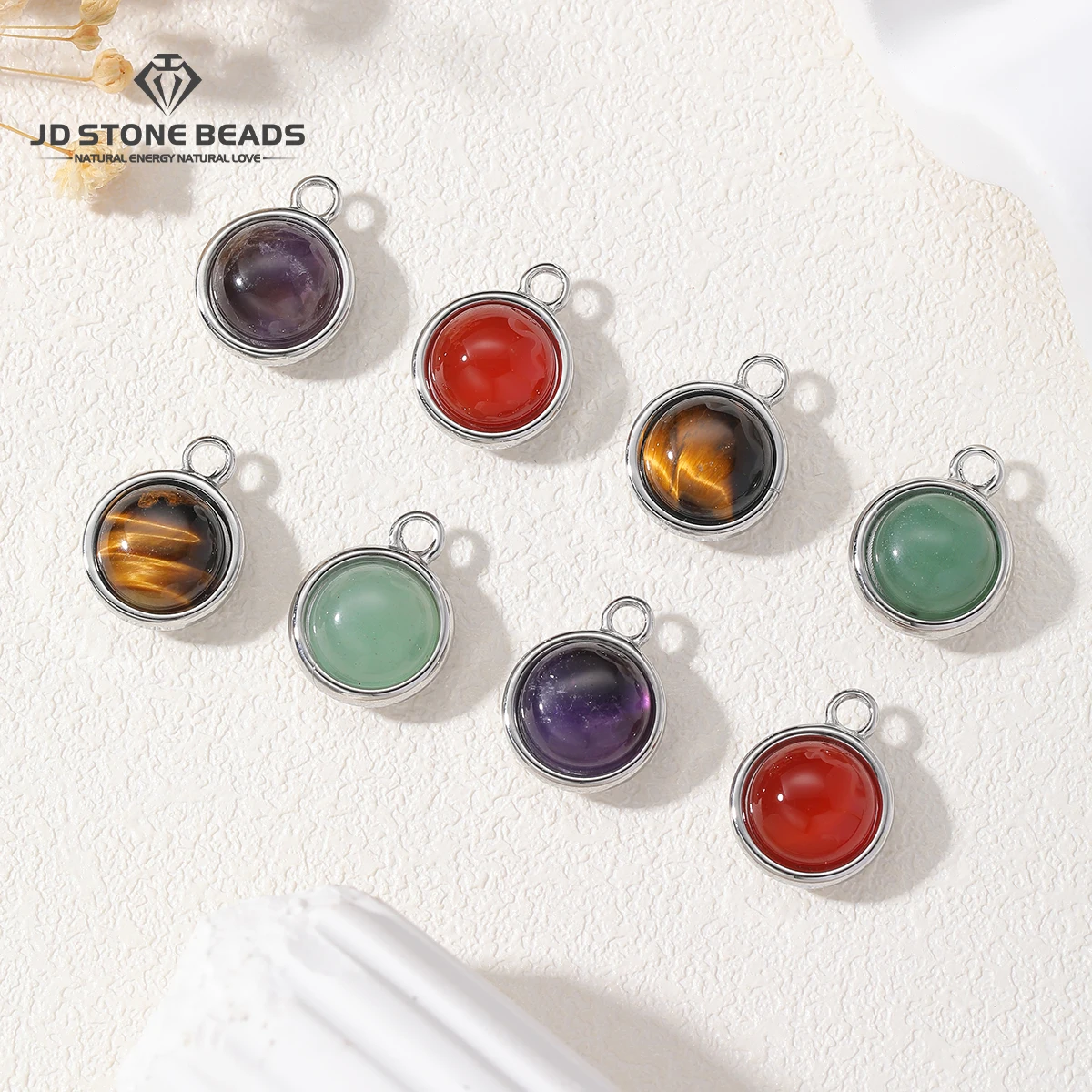 Natural Amethyst Semi Circle Pendant Silver Tone 304 Stainless Steel Charms for Women Men Crown Chakra Peace Protection Gift