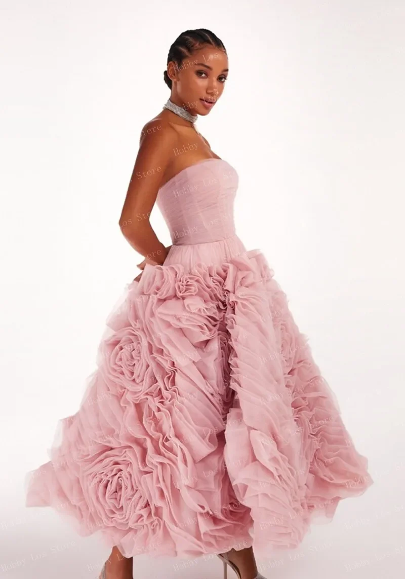 ملابس نسائية أنيقة باللون الوردي الفاتح بطول متوسط الطول بدون حمالات من التول مصنوعة حسب الطلب فستان زهري من أي وقت مضى جميل مفتوح من الخلف Pr #4