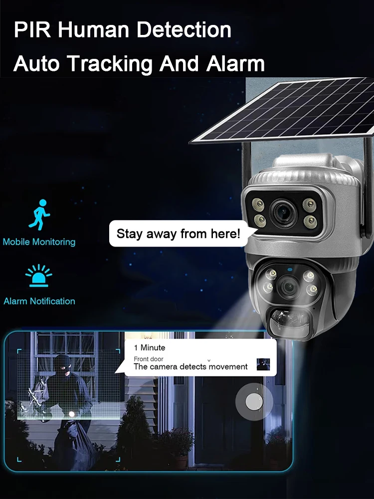 Kamera solarna V380 Pro 4G z podwójnym obiektywem, zewnętrzna kamera bezpieczeństwa, noktowizor, 4K 8MP, ładowanie solarne, monitor wideo, wbudowany akumulator 8000mAh, monitoring. — 2