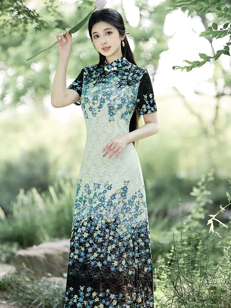 

Autumn Vintage Mandarin Collar Chiffon Vietnam Aodai Qipao Chinese Women Short Sleeve Cheongsam Elegant Daily Dress