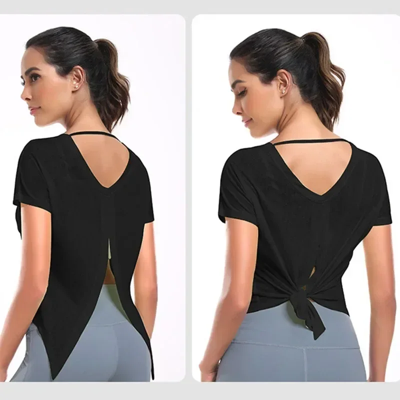 Aiithuug Sexy Back Tops Yoga Blouse Cool Feeling Quick Dry Gym Shirts Sport Yoga Short Sleeve Dopamine Sports Dressing