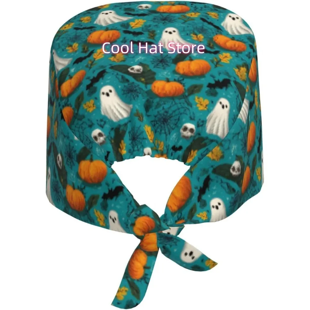 1pc Adjustable Nurse Scrub Cap with Sweatband - Turquoise Hat, Bats & Ghosts Print, Quick-Dry 100% Polyester, Unisex for Men & W