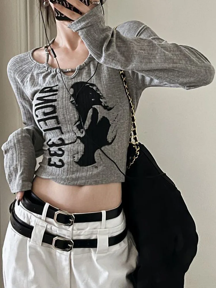 Japanese Y2k Crop Top Women Spring Letter Print Long Sleeve Halter T Shirt Vintage Fashion Hot Girl Slim Fit Grunge Tops Tees