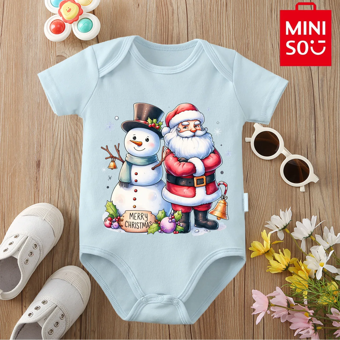 

MINISO Cute Santa HOHOHO Merry Christmas Onesie Jumpsuit Pure Cotton Cloths Bodysuit for 0-12 Months Newborn Best Gift for Baby