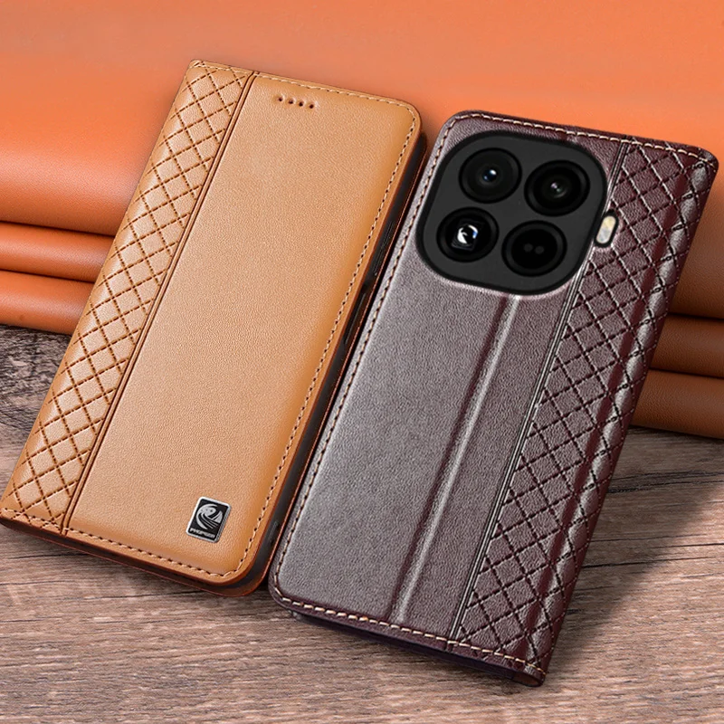 

Flip Case For XIAOMI 15T Pro 15TPro 5G Genuine Leather Magnetic Book Cover Luxury Cowhide Grid Pattern Card Pocket Wallet Cases