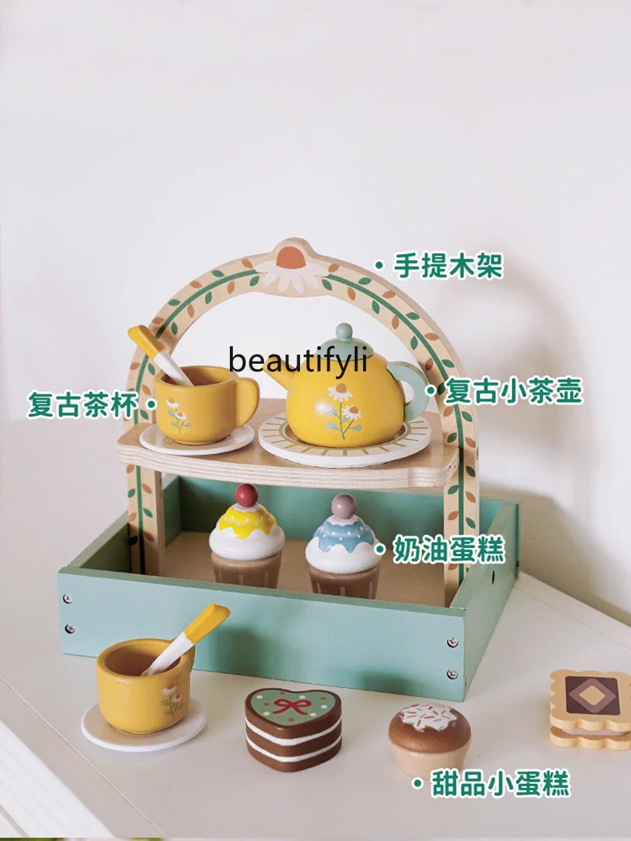 Children's Play House Tea Set Wooden Afternoon Tea Dessert Dessert Rack Simulation Teapot Tableware Set Toys