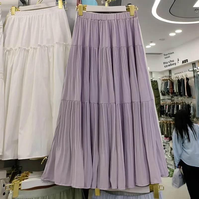 Summer 2025 Women's Midi High Waist A-Line Skirt Pleated Chiffon Cake Skirt plus Size f-length Polyester Fiber Commute Sle