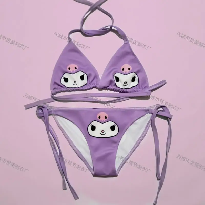 Hot Miniso Beach Sexy Lace Up with Chest Pad Bikini Kawaii Kuromi Cartoon Cute Spa Split Swimsuit Fashion Underwear Set New Gift