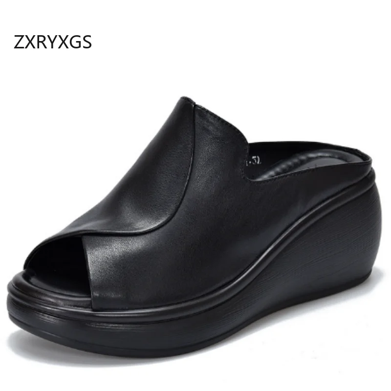 ZXRYXGS Top Layer Cowhide Elegant Comfortable Fish Mouth Slippers 2025 New Trendy Summer Wedges Slippers Women Outdoor Slippers