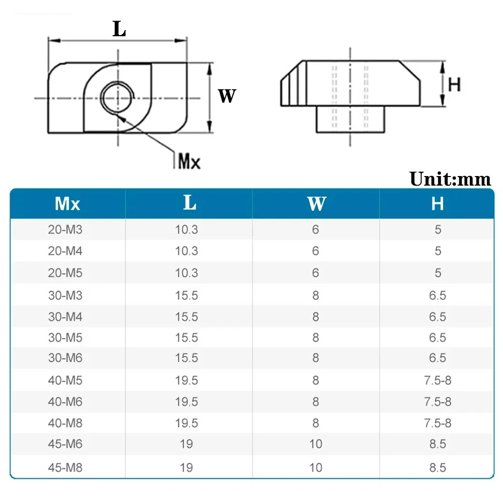 10-50Pcs M3 M4 M5 M6 M8 T-nut Hammer Head T Nut Connector Nickel Plated Carbon Steel for 20/30/40/45 Series Aluminium Profile