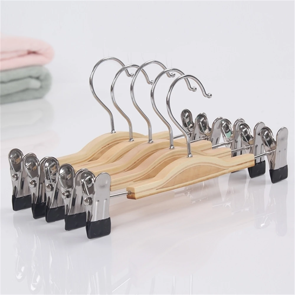 Children's Bamboo Wood Anti-slip Pants Rack Drying Rack With Clips Adjustable Wood Pants Rack Hanger Clip Hang Hook Bracket