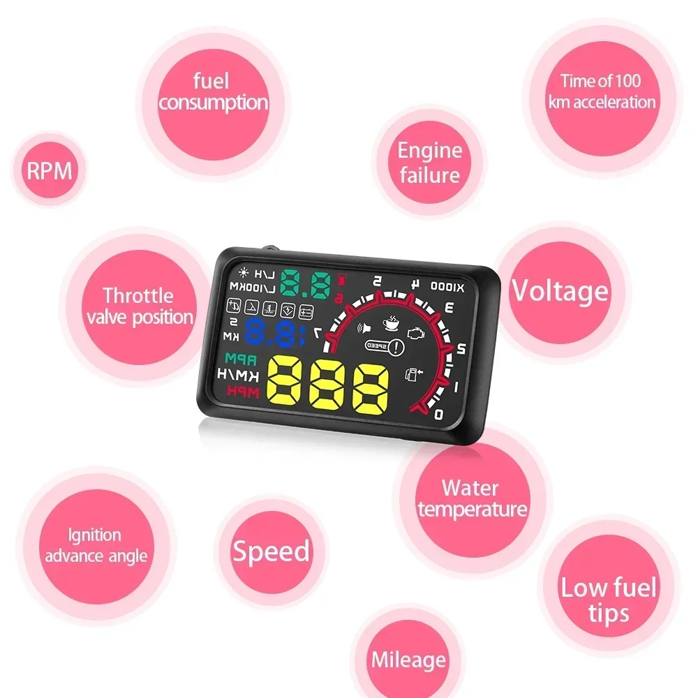 W02 مقياس ذكي سيارة عداد السرعة الرقمي رئيس يصل عرض Obd2 HUD على متن الكمبيوتر درجة حرارة الماء استهلاك الوقود إنذار السرعة الزائدة