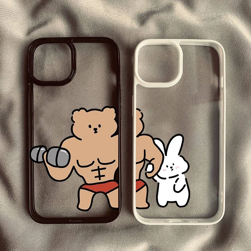 Funny Cartoon Bear Rabbit Couple Phone Case For iPhone 16 15 14 Pro MAX 12 13 12 XS SE2 XR 7 8Plus Best Friend Hard Cover Capa