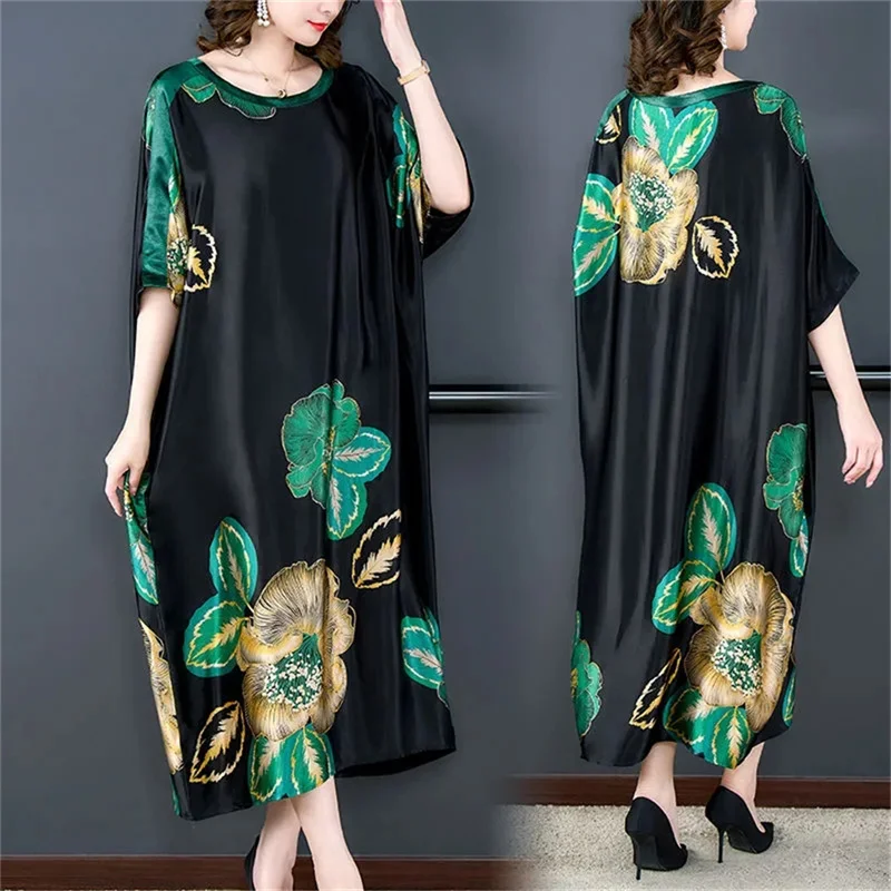 5XL Light Luxury Dress Summer Loose Size Hidden Meat Covering Belly True Quality Silk Smooth Silk Draping Breathable Long Dress