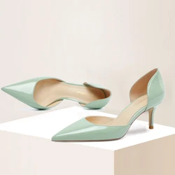 Light Green Pointed Toe High Heels Young Lady Fashion 6cm Medium Cyan Patent Leather Hollow Stiletto Slip-on Daily Wear Shoes