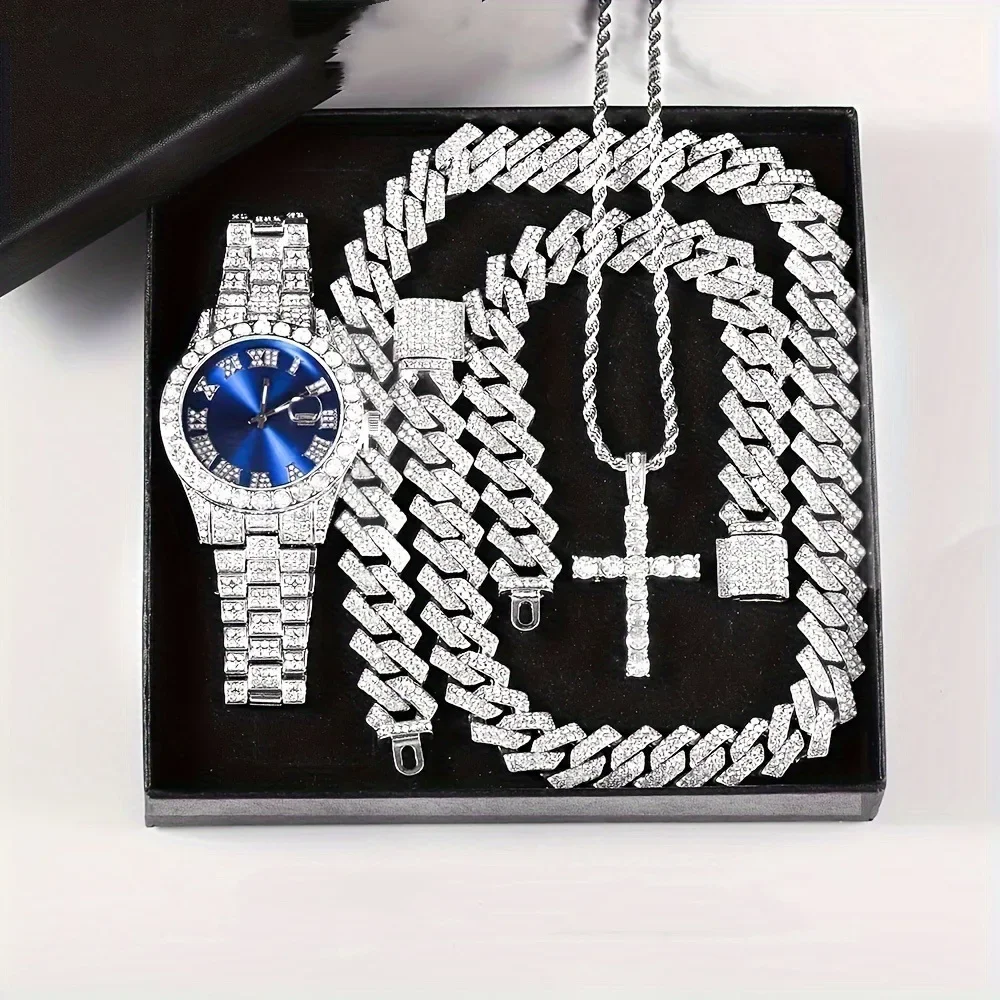 Men's Bling Jewelry Set: Iced Out Watch + Cuban Link Chain + Cross Pendant Necklace + Bracelet, 4Pcs Hip Hop Set