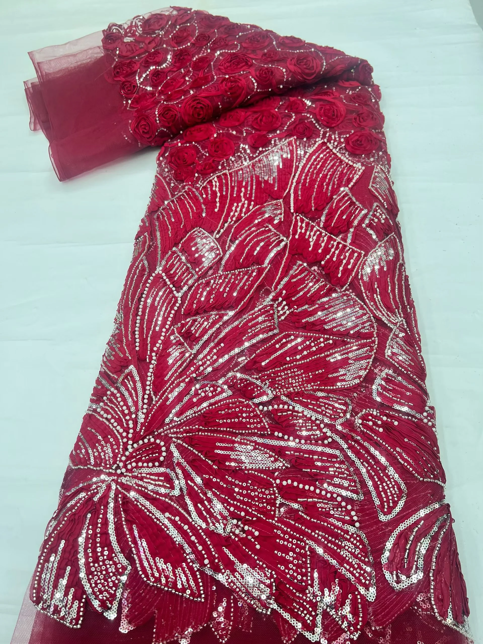 Red Nigerian Exquisite Gorgeous Lace Fabric 2026 Luxury Lace Fabric African Sequins Beaded Tulle Fabric For 5yards Sewing Dress