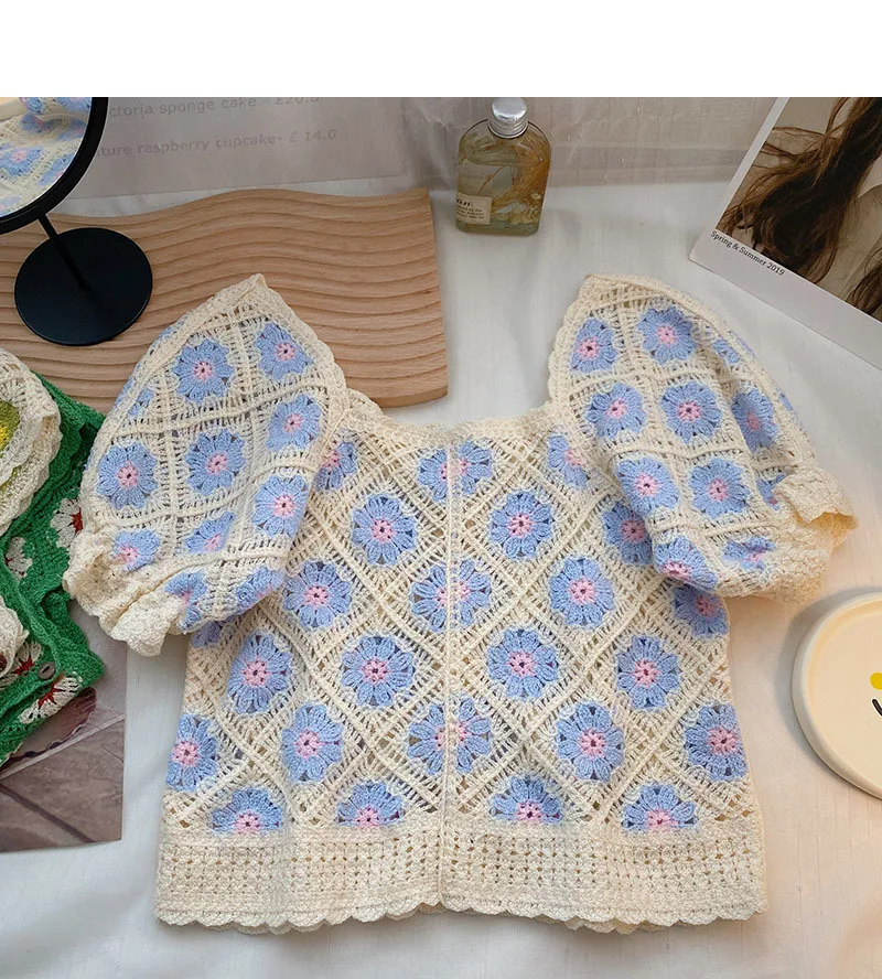 Granny Square Crochet Top manica a sbuffo collo quadrato bottone davanti camicetta aperta in maglia Crop Cardigan donna teengerl Fairycore Outfit