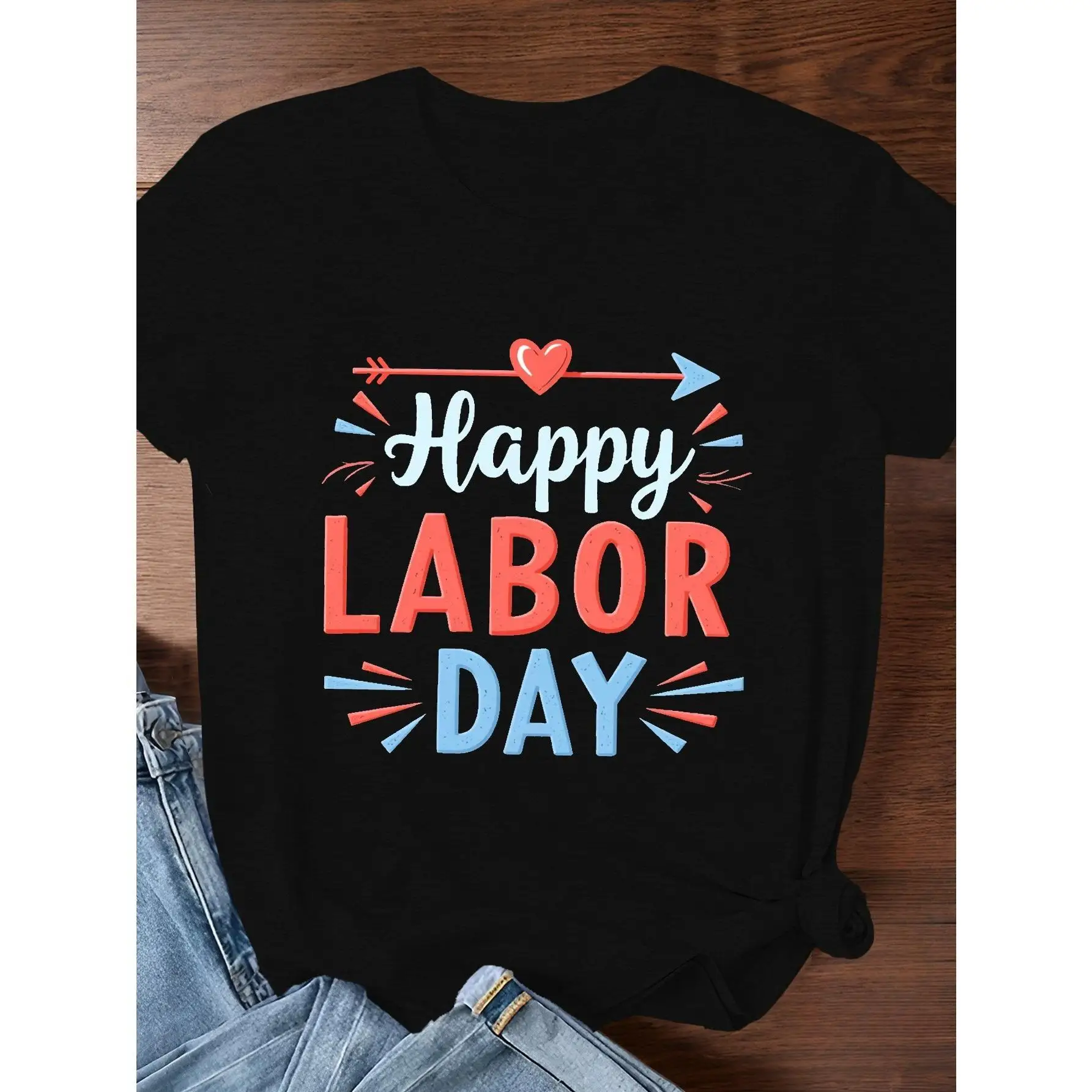 

Men Women Happy Labor Day T-Shirt Heart Arrow Print Pullover Festive Holiday Casual Short Sleeve Top