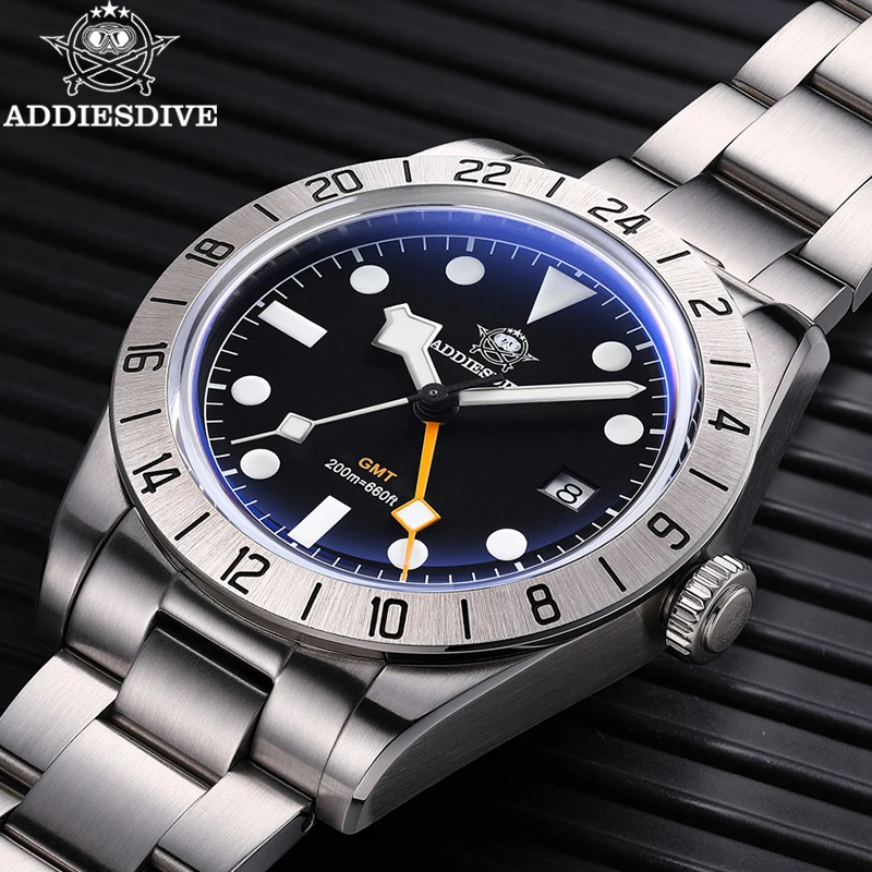 ADDIESDIVE Men‘s Watch 200m Dive Waterproof GMT Quartz Watch Men Super Luminous 316L Stainless Steel Dual Time Zones Wristwatch
