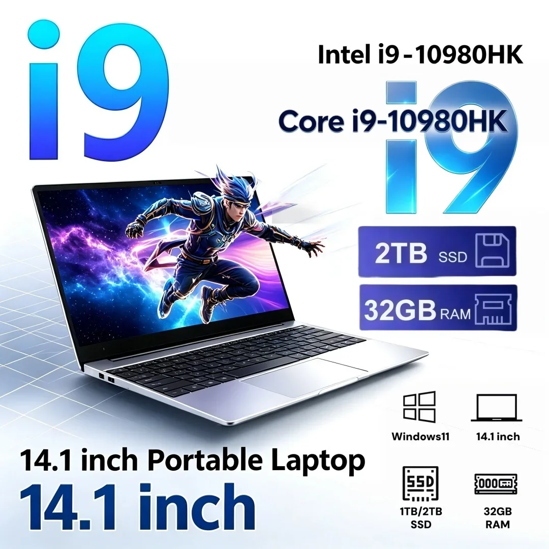 14.1 Inch High-performance Ultra-thin Laptop 2026 Intel i9-10980HK Portable 16GB/32GB RAM Windows11 1/2TB Large SSD