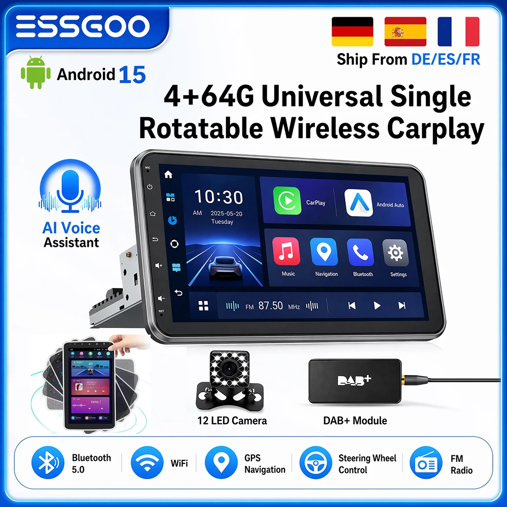 ESSGOO Android 15 10,1 Zoll Universelles Drehbares Autoradio Auto Carplay Multimedia-Player GPS-Navigation Automotive Stereoanlage