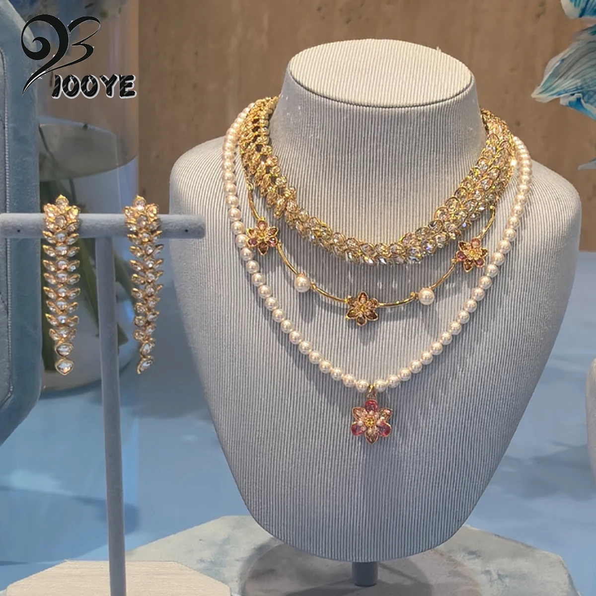 

2025 New Trend Fine Anniversary Jewelry Set Charm Gold Flower Tassel Crystal Earrings Fashion Pearl Necklace Ring Gift for Women