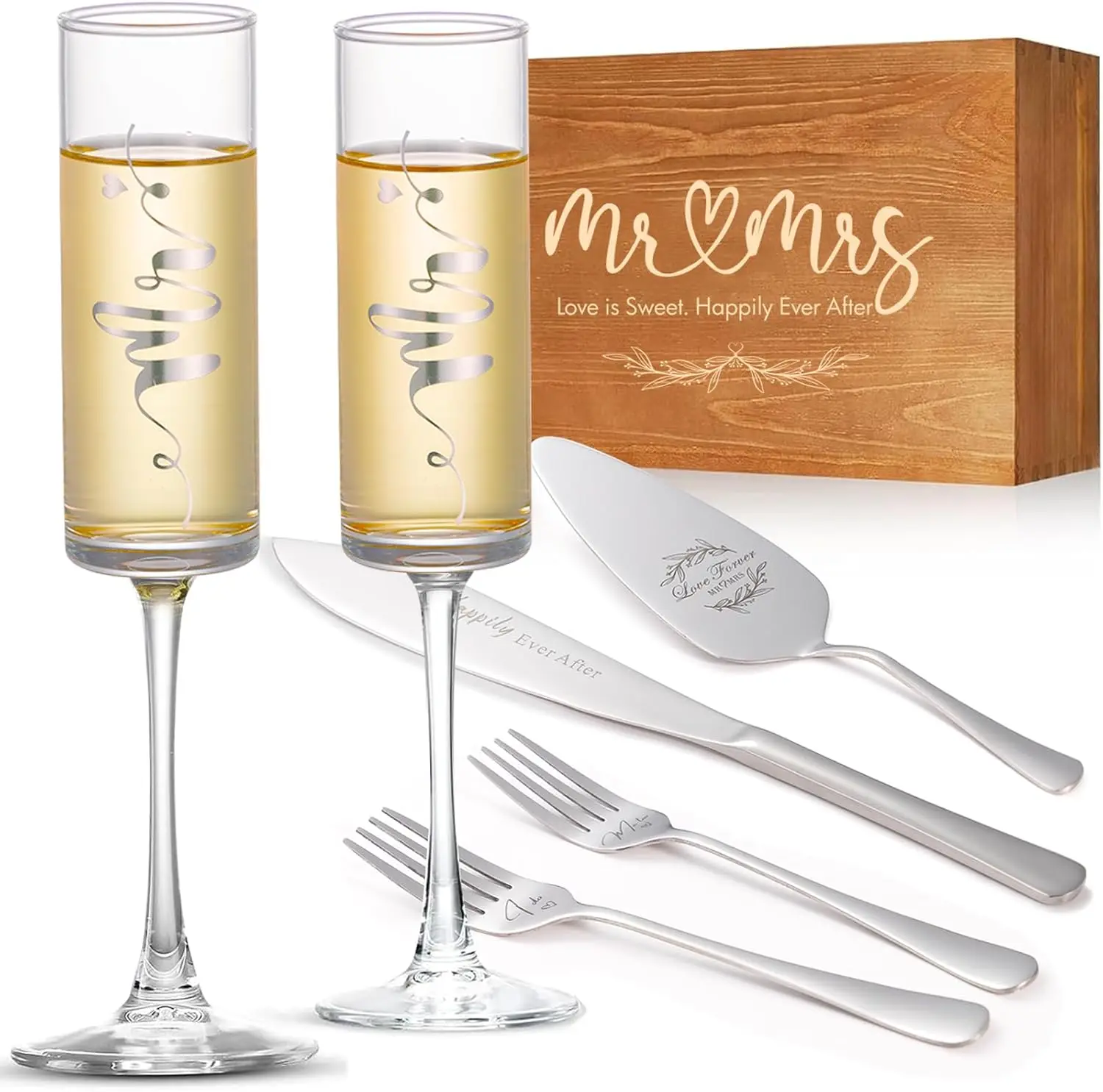 

Wedding Cake Knife & Server Set, Champagne Flutes & Forks, Silver Cake Cutters with Wooden Box