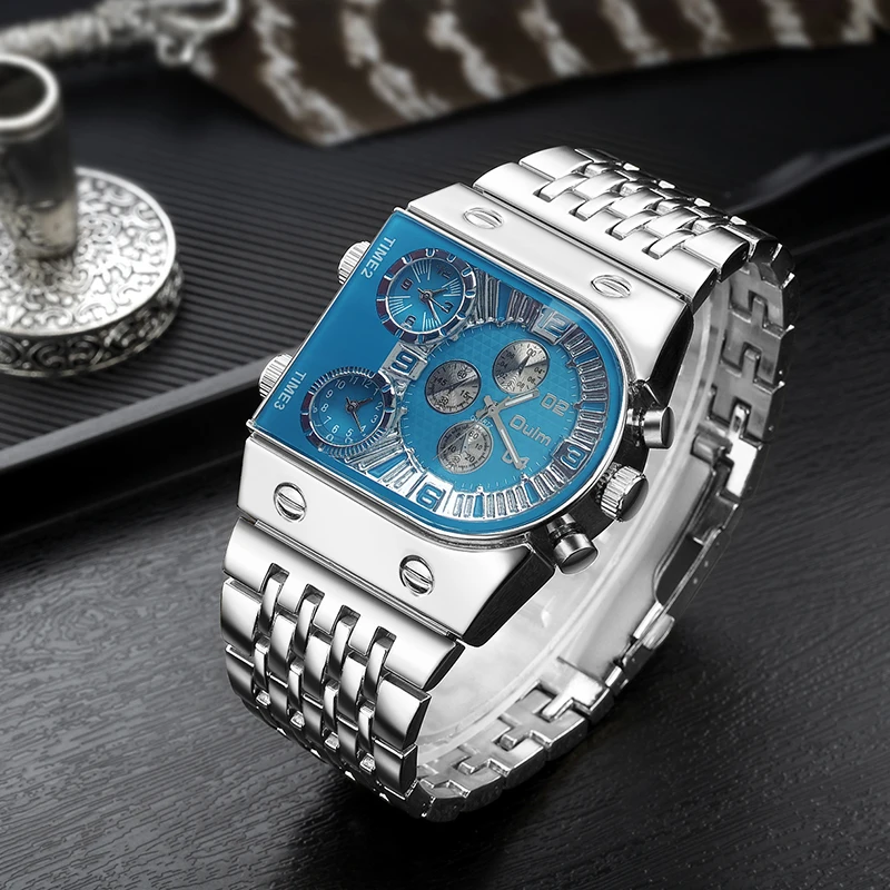 Oulm 9315 Silver Gold Blue Quartz Watches Men Luxury Brand 3 Time Zone Military Wristwatch Male Clock Full Steel Watch