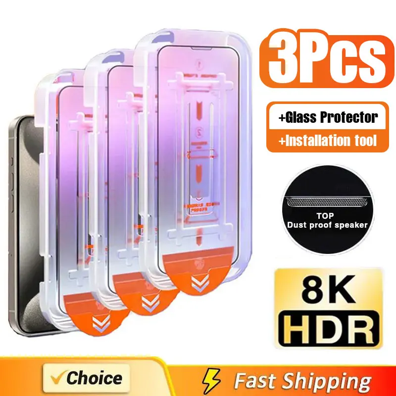 

3Pcs Oleophobic Coating Dust Free Easy Installation Screen Protector for IPhone 17 16 15 14 13 12 11 15Pro Max Glass 16 Plus Air