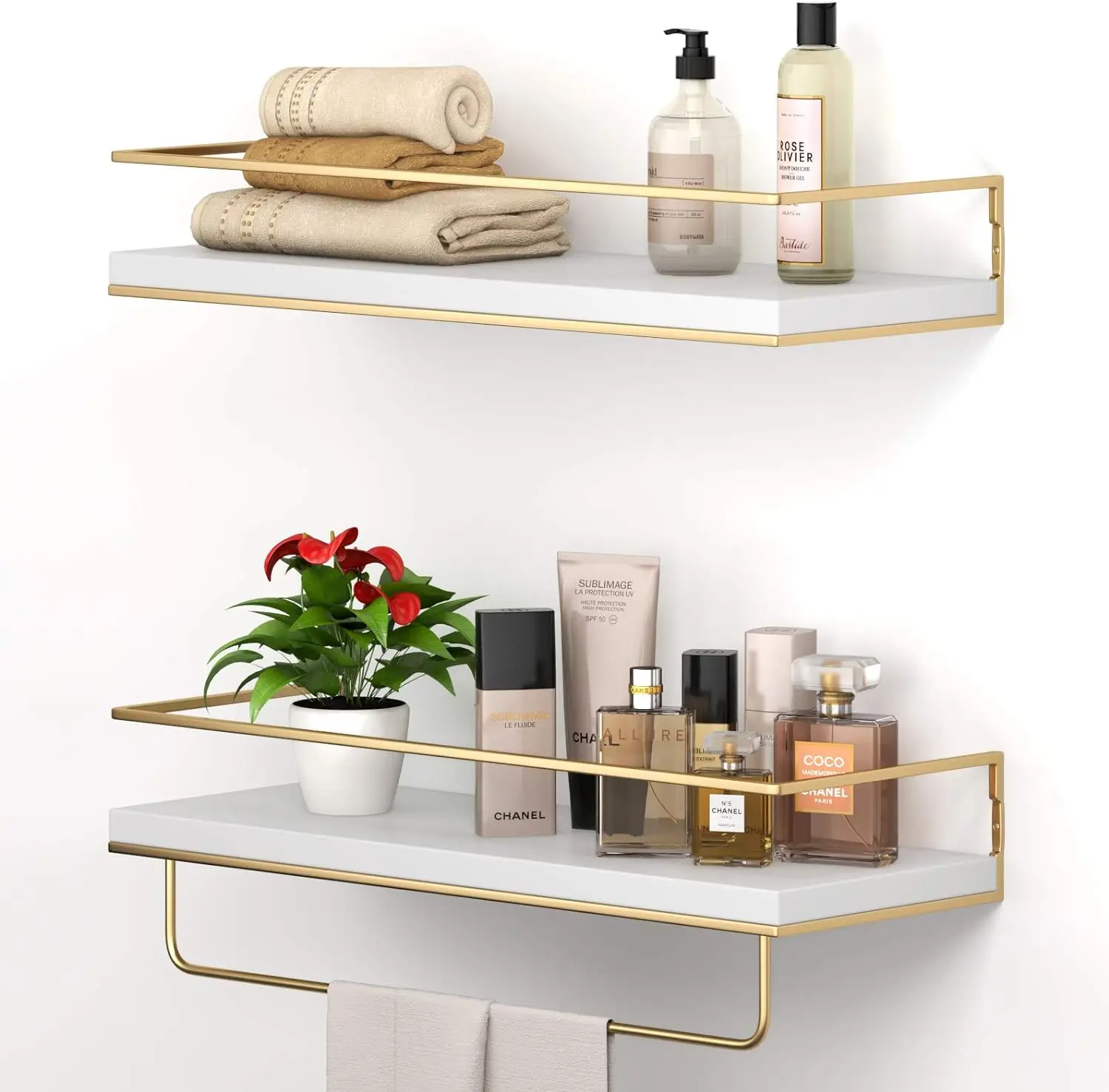 White Floating Shelves - Set Of 2, Wall Mounted Hanging Shelves With Golden Towel Rack, Decorative Storage Shelves For Bathroom