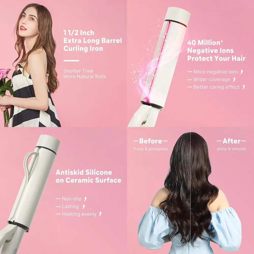 

1.5 Extra Large Tourmaline Curling Wand for Long Hair - Ceramic Barrel, 40M Negative Ions, 2 Clips & Heat-Resistant Mitt