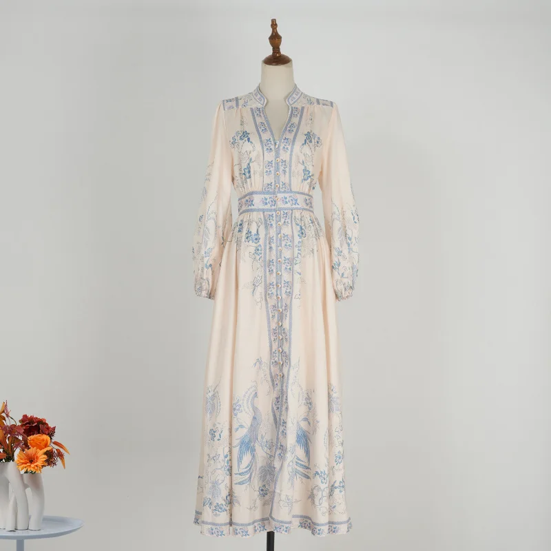 

New Retro Style Exotic Stand Collar Printed Waist Slimming Single-Breasted A-Line Long Sleeve Dress Women