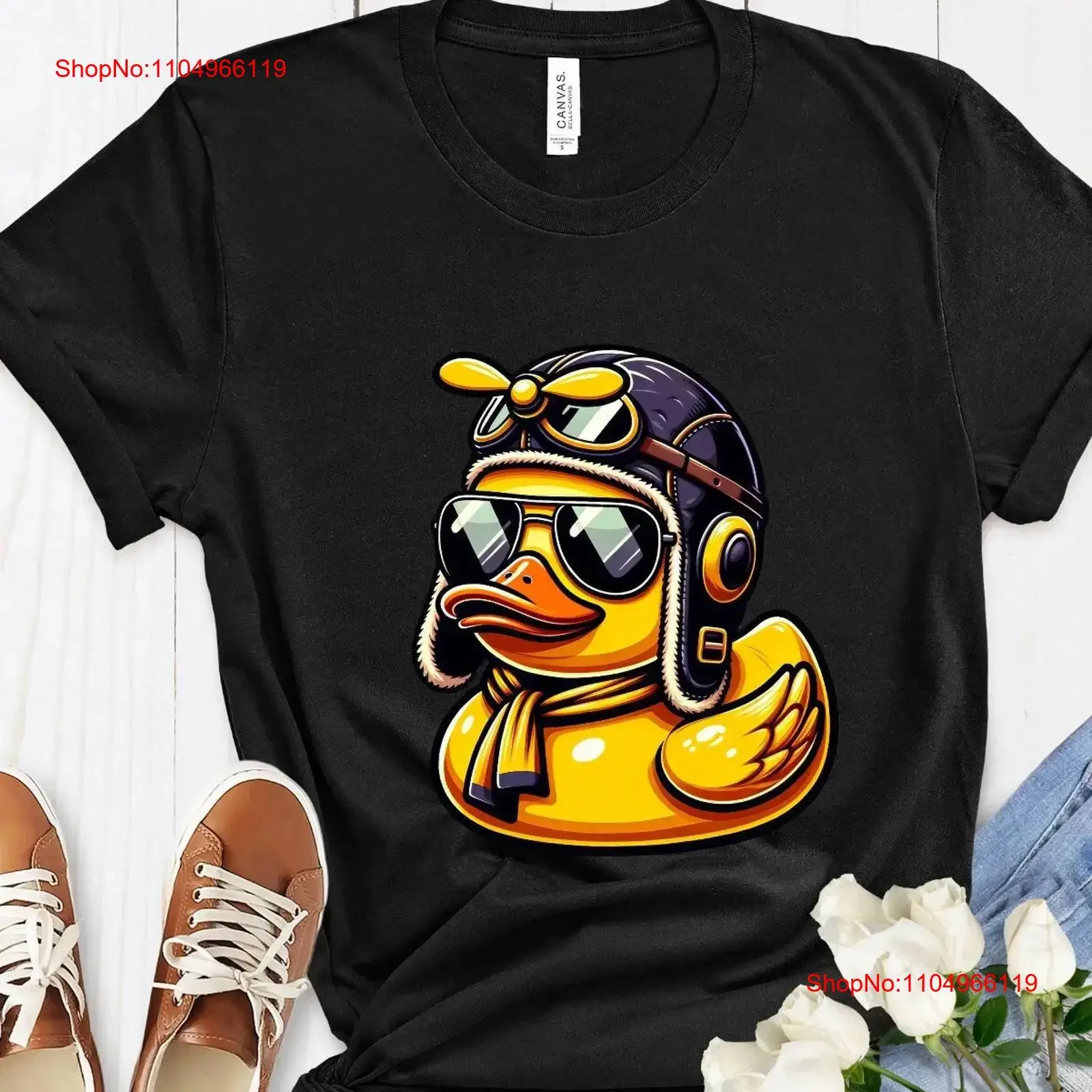 

Unique Pilot Rubber Duck T Shirt Top with Sunglass Black Helmet Propeller Quirky Animal for vintage Washed Casual