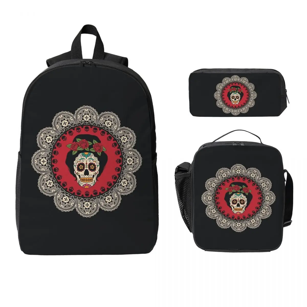 

Mexican Skull Woman Backpack Boys Girls BookBag School Bag Computer Shoulder Bags 3ps Insulated Lunch Bag Pencil Case