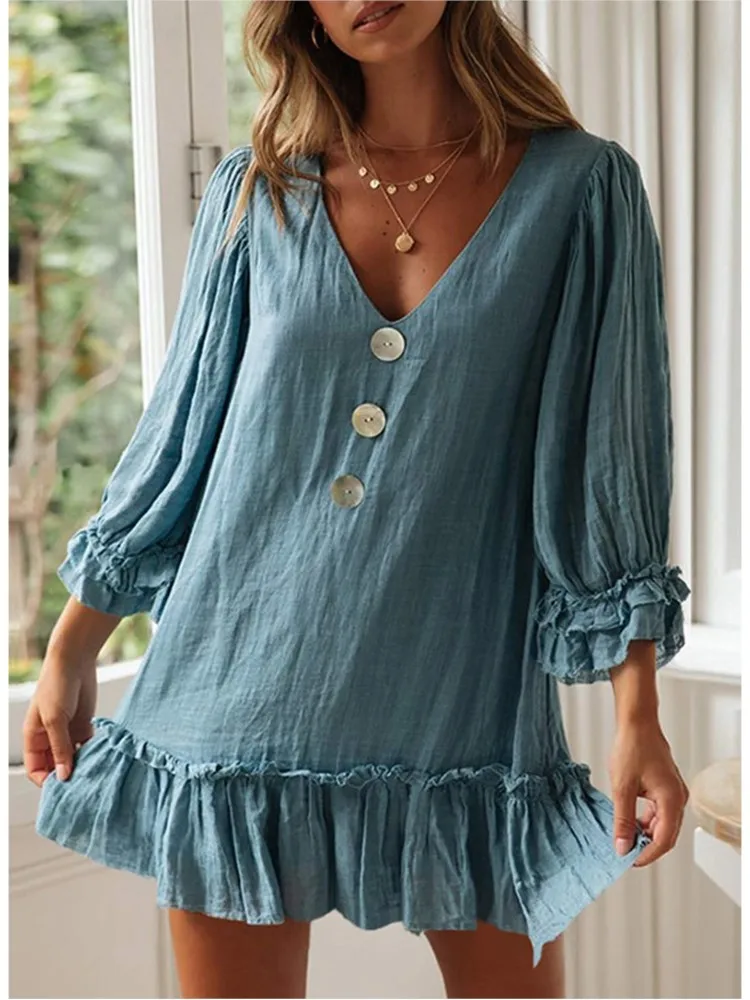 

Spring Summer Fashion New V-Neck Loose Long Sleeve Cotton Linen Mini Dresses Women's Casual Solid Hemline Ruffles A- Line Dress