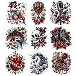 Fashionable retro women skull head microphone camera trendy clothing decal DTF iron on sticker DIY heat transfer patch washable