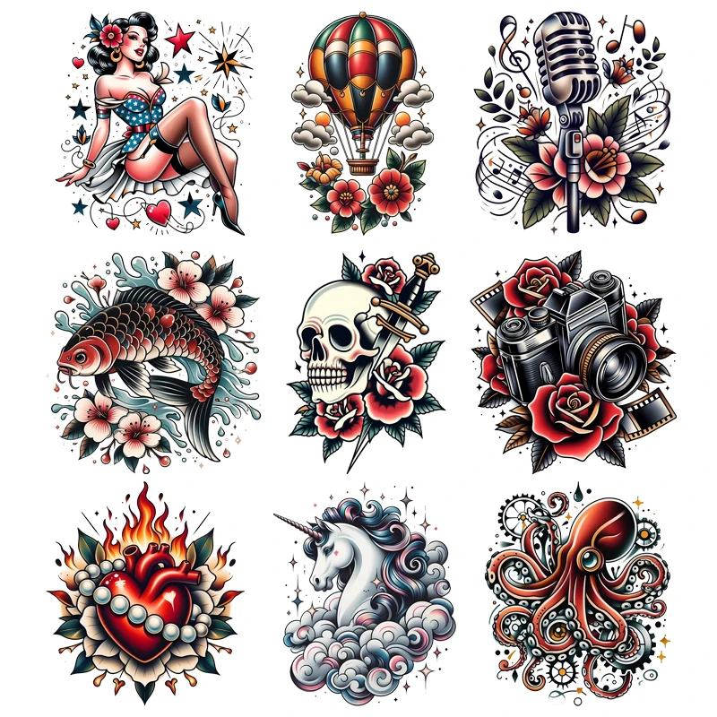 Fashionable retro women skull head microphone camera trendy clothing decal DTF iron on sticker DIY heat transfer patch washable