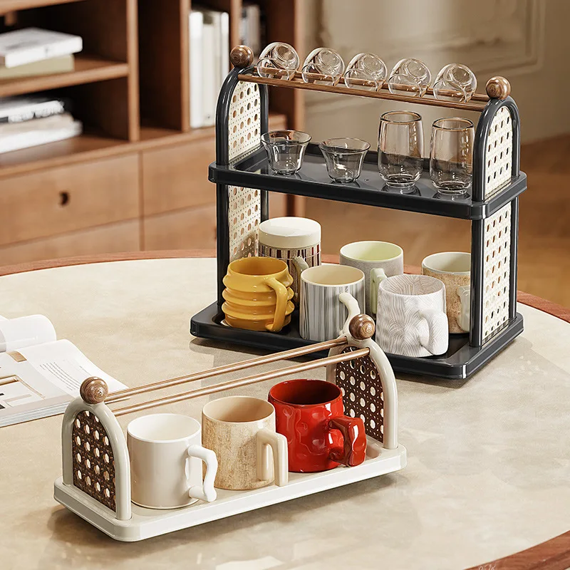 Boho 2-Tier Cup Rack with Drain Tray, Coffee Mug Holder Kitchen Organizer, Water Glass Drying Rack for Home Coffee Bar