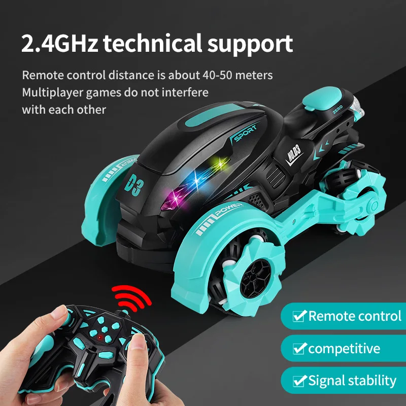 High-Speed 2.4GHz RC Stunt Motorcycle with Dual Spray - Off-Road Biking Toy for Kids featuring 360° Spins