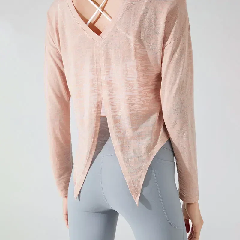 Stown Sportswear Woman Gym 2022 New See-through Yoga Top Female Long-sleeved Fitness Pilates Blouse Loose Sports Shirts Women image 5