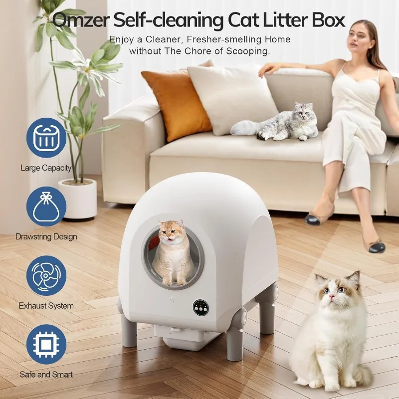 Gatos automáticos Litter Boxes Robot, grande capacidade, Wi-Fi Connect, Smart App-Controlled, Remoção de odores, auto-limpeza, 100L